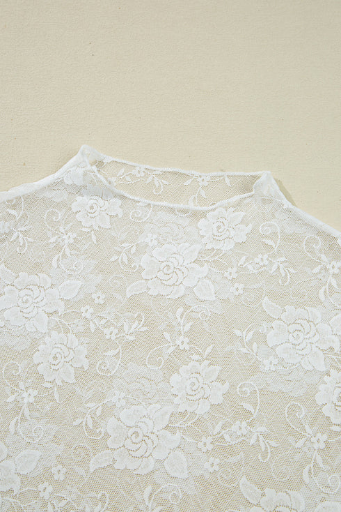 Sheer Floral Lace Mesh Mock Neck Elegant Long Sleeve Fitted Top